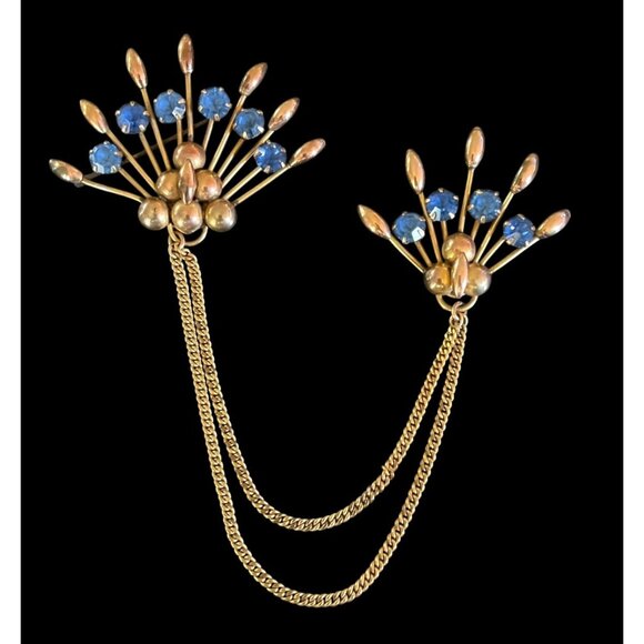 Vtg Star-Art Gold-Tone Double Brooch Blue Rhinestones & Draped Chains - Picture 2 of 6